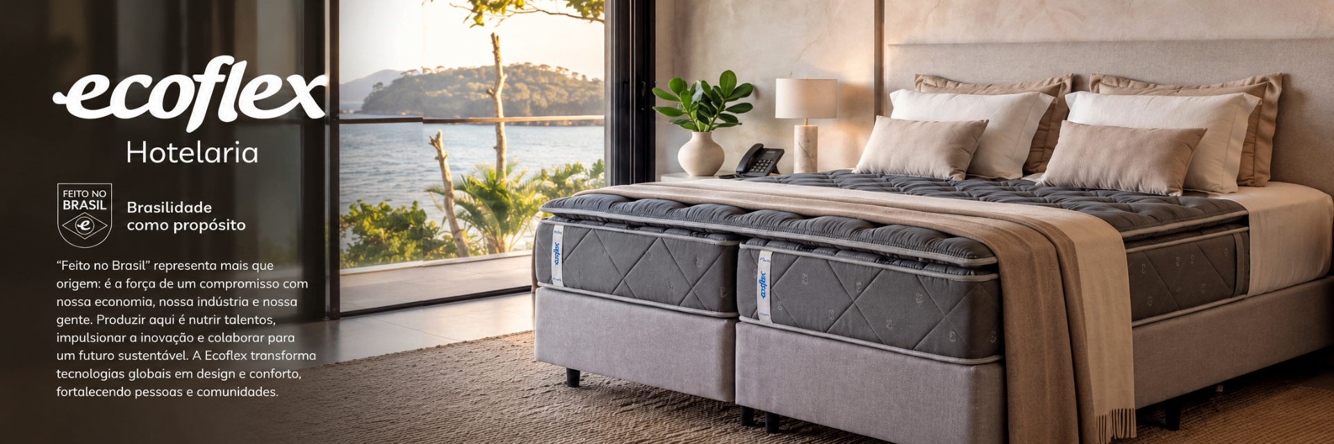 Ecoflex Hotelaria: colchão em quarto com vista para o mar e selo Feito no Brasil